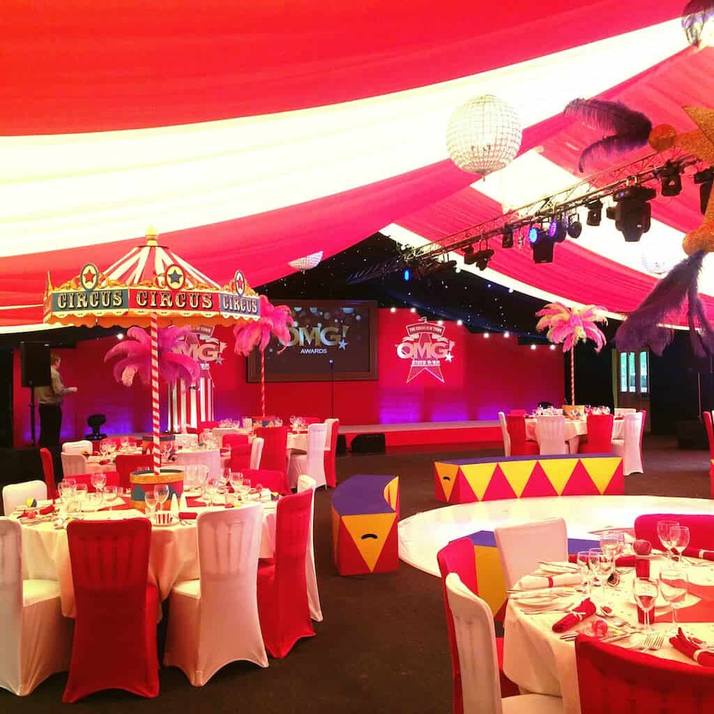 big top table centres The Greatest Showman Theme red and white ceiling draping decor