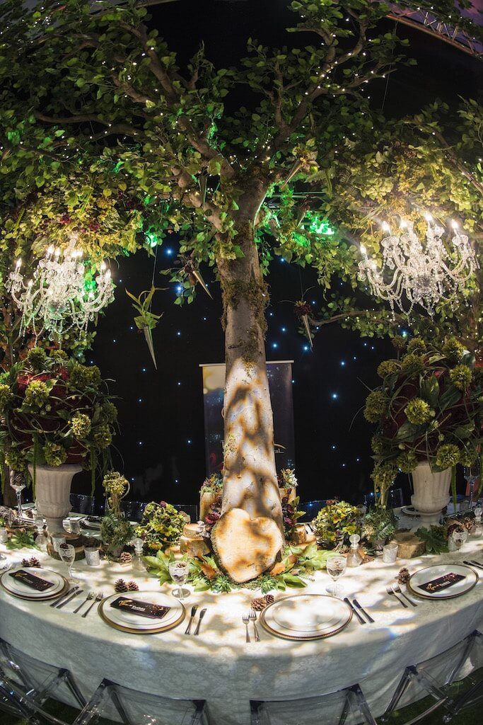 Midsummer Night's Dream Theme artificial tree forest installation chandelier