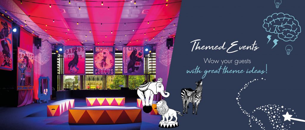 Circus themed event room decor with Themed Events text