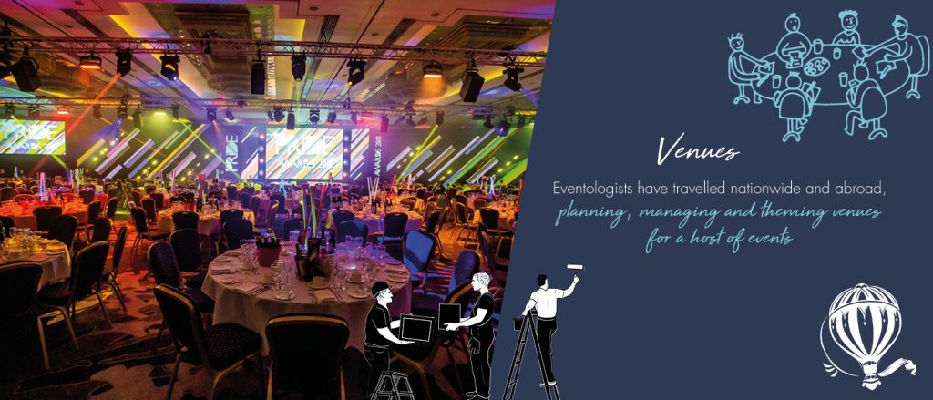 Venue event with dinner tables, and graphic Venue title with cartoon people