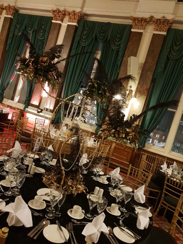 great Gatsby themed event trio swirl table centre