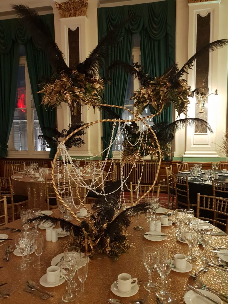 great Gatsby themed event trio swirl table centre