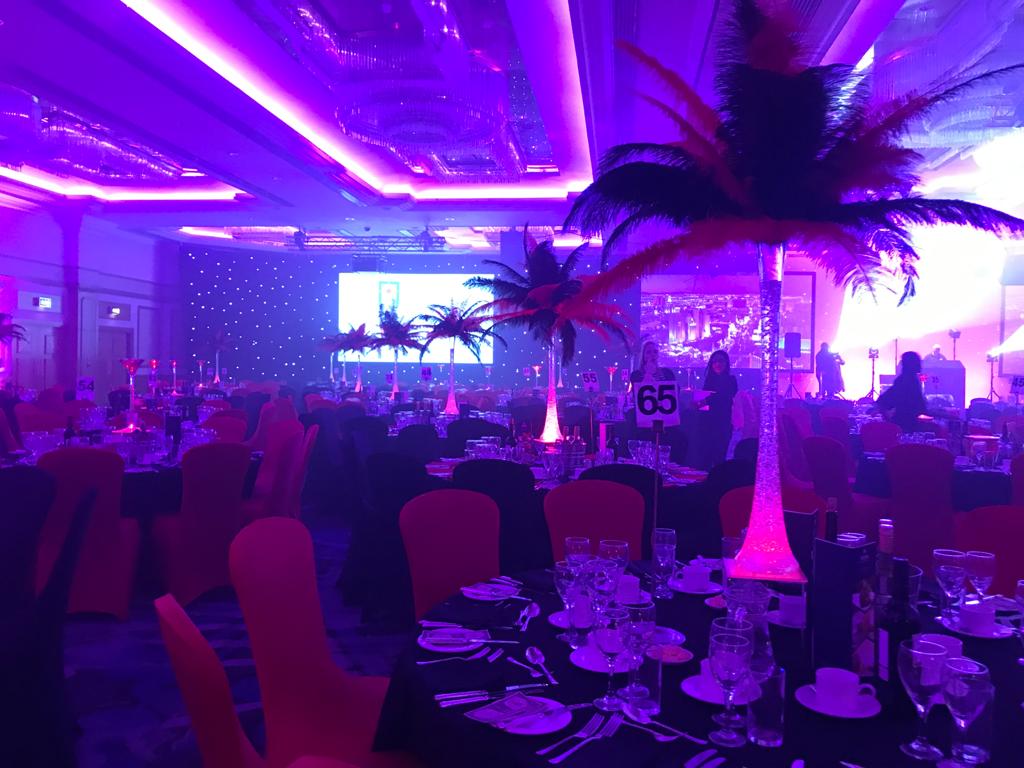 Las Vegas Event Theme Table Centrestall light up feather table centres star cloth backdrop
