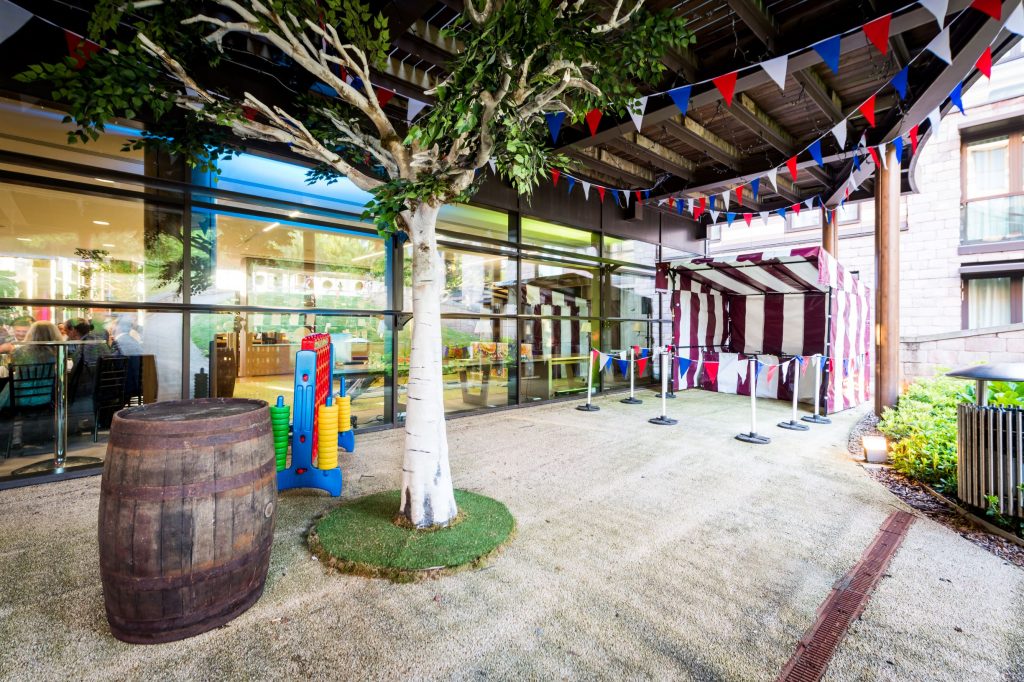 Low Colourful Pallet Seating at Outdoor Event